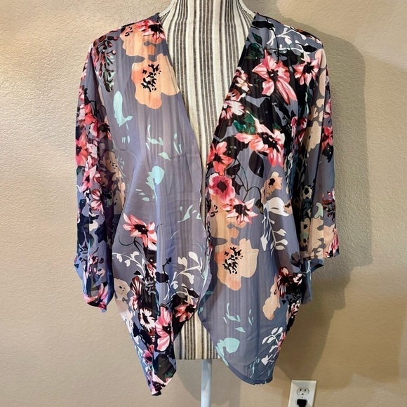 Source Unknown Tops - Open Cardigan Blouse Large Grey Floral Pink Gold Peach Sheer Mandarin